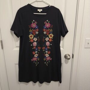 Umgee USA Women's Black Bright Floral Tshirt Dress W/ Pockets Size Large